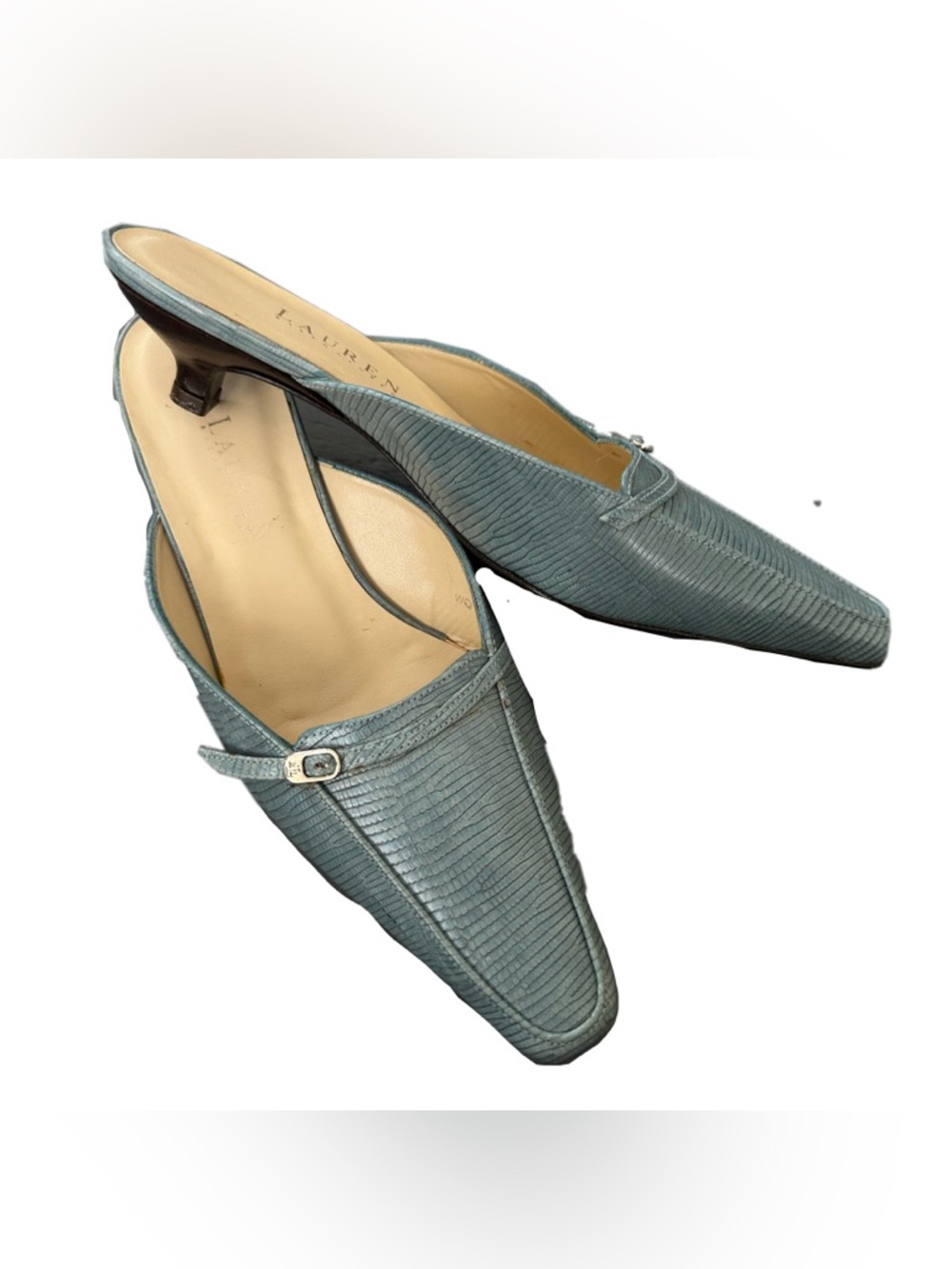 Ralph Lauren Seafoam Textured Leather Slingback Mules